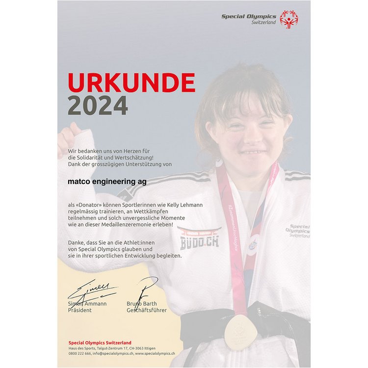 Urkunde für Matco Engineering Spreitenbach als Donator für die Special Olympics Switzerland